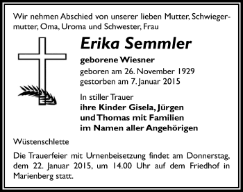 Todesanzeige von Erika Semmler von Marienberg