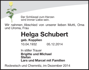 Todesanzeige von Helga Schubert von Auerbach
