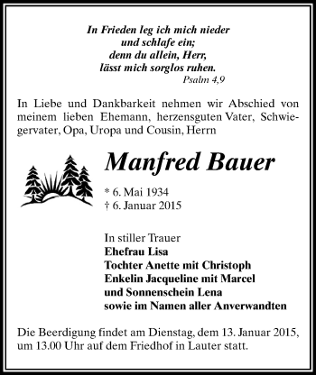 Todesanzeige von Manfred Bauer von Aue, Schwarzenberg