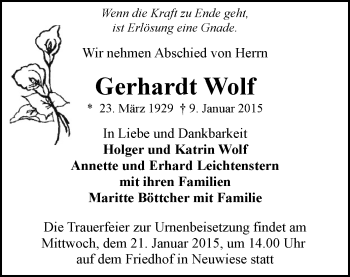 Todesanzeige von Gerhardt Wolf von Stollberg