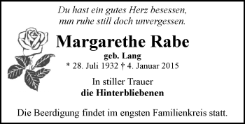 Todesanzeige von Margarethe Rabe von Stollberg