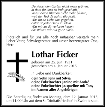Todesanzeige von Lothar Ficker von Aue, Stollberg, Schwarzenberg