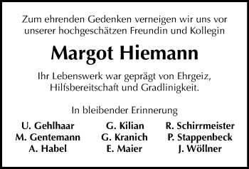 Todesanzeige von Margot Hiemann von Chemnitz