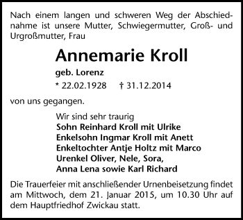 Todesanzeige von Annemarieq Kroll von Zwickau