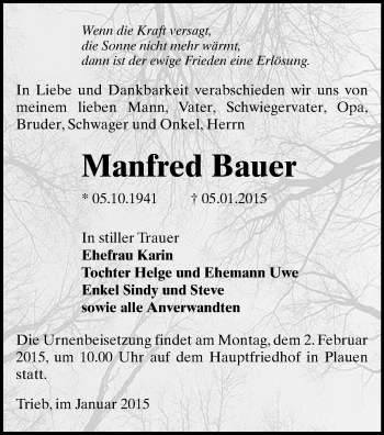 Todesanzeige von Manfred Bauer von Auerbach