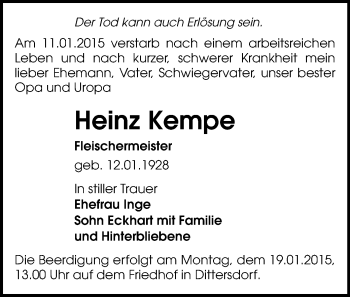 Todesanzeige von Heinz Kempe von Zschopau
