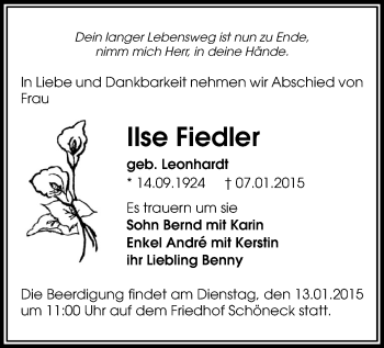 Todesanzeige von Ilse Fiedler von Oberes Vogtland