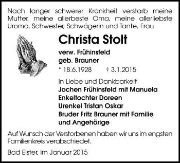 Todesanzeige von Christa Stolt von Oberes Vogtland