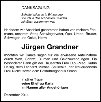 Todesanzeige von Jürgen Grandner von Freiberg / Brand Erbisdorf