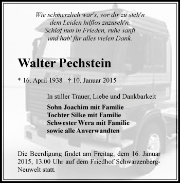 Todesanzeige von Walter Pechstein von Schwarzenberg