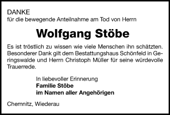 Todesanzeige von Wolfgang Stöbe von Chemnitz, Rochlitz