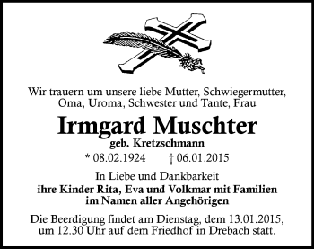 Todesanzeige von Irmgard Muschter von Zschopau