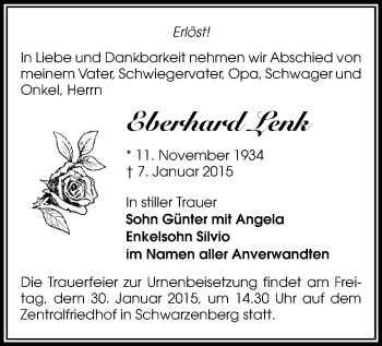 Todesanzeige von Eberhard Lenk von Aue, Schwarzenberg