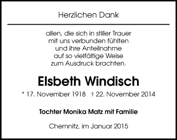 Todesanzeige von Elsbeth Windisch von Chemnitz