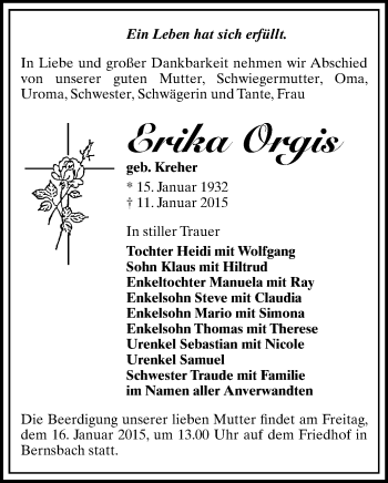 Todesanzeige von Erika Orgis von Aue