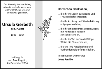 Todesanzeige von Ursula Gerbeth von Oberes Vogtland