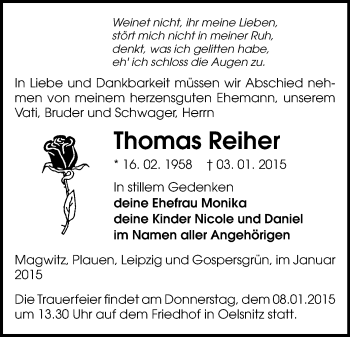 Todesanzeige von Thomas Reiher von Oberes Vogtland