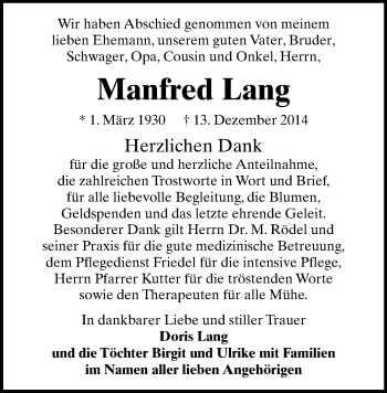 Todesanzeige von Manfred Lang von Chemnitz