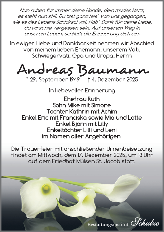 Todesanzeige von Andreas Baumann von Zwickau
