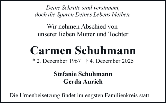 Todesanzeige von Carmen Schuhmann von Stollberg