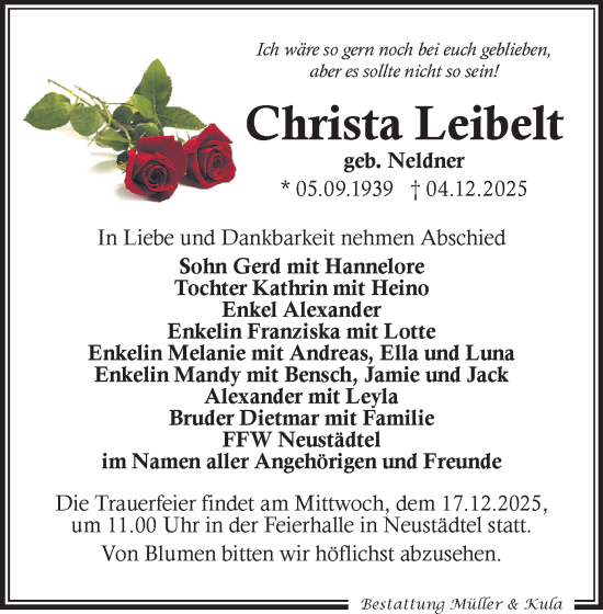 Todesanzeige von Christa Leibelt von Aue