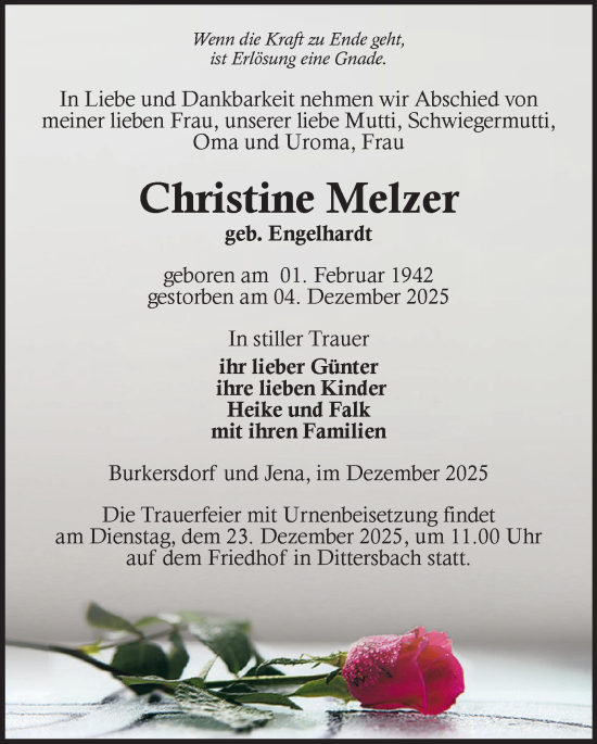 Todesanzeige von Christine Melzer von Freiberg / Brand Erbisdorf