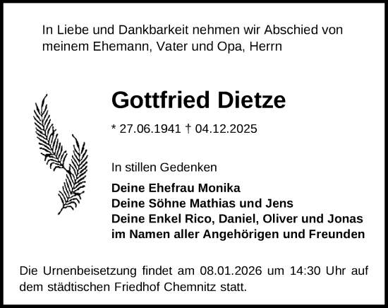 Todesanzeige von Gottfried Dietze von Chemnitz