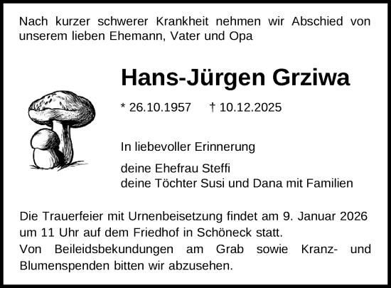 Todesanzeige von Hans-Jürgen Grziwa von Oberes Vogtland