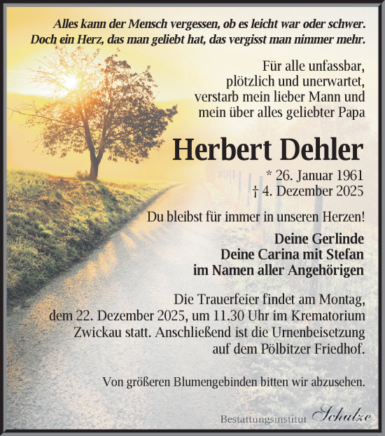 Todesanzeige von Herbert Dehler von Zwickau