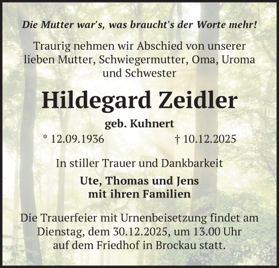 Todesanzeige von Hildegard Zeidler von Plauen, Reichenbach