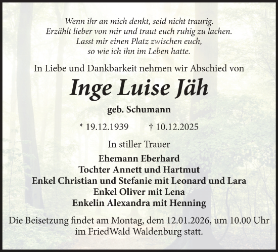 Todesanzeige von Inge Luise Jäh von Glauchau