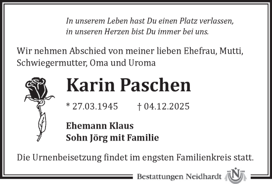 Todesanzeige von Karin Paschen von Zwickau