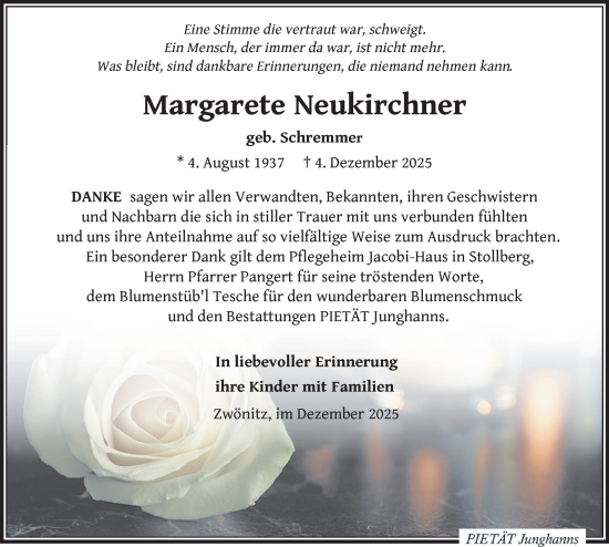 Todesanzeige von Margarete Neukirchner von Aue, Stollberg