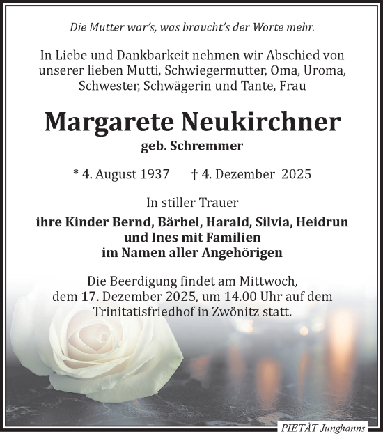Todesanzeige von Margarete Neukirchner von Aue, Stollberg