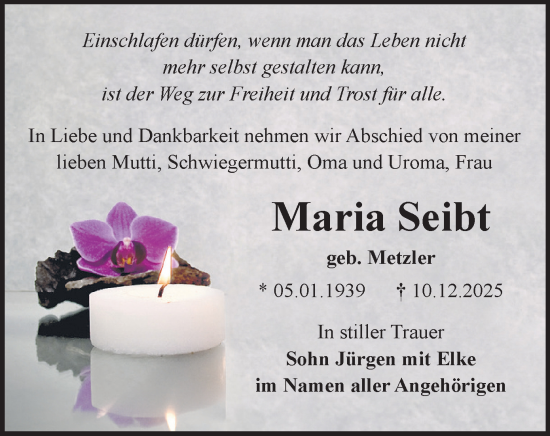 Todesanzeige von Maria Seibt von Glauchau