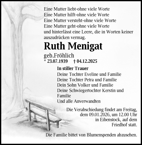 Todesanzeige von Ruth Menigat von Aue