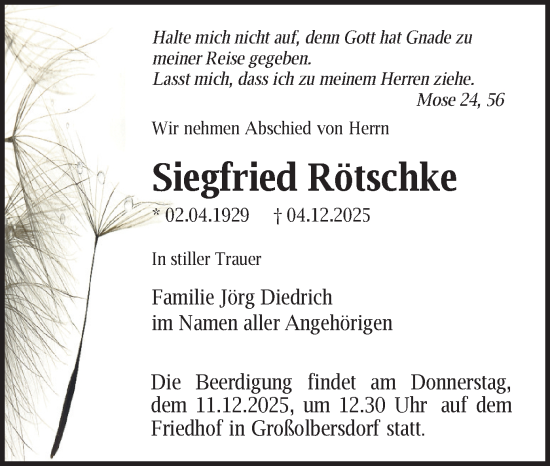 Todesanzeige von Siegfried Rötschke von Zschopau
