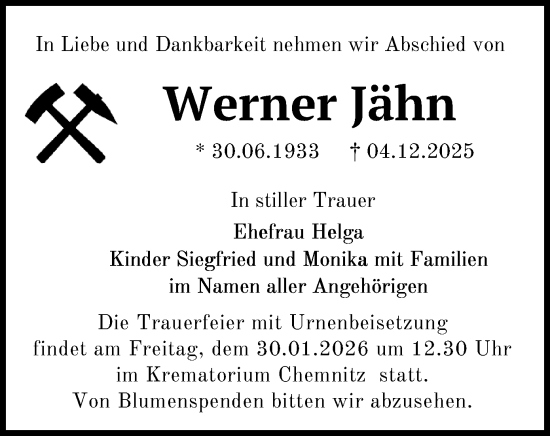 Todesanzeige von Werner Jähn von Stollberg