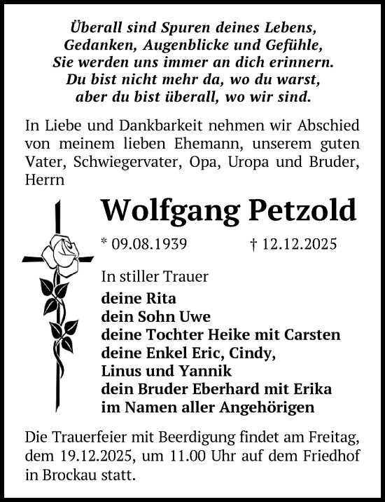 Todesanzeige von Wolfgang Petzold von Reichenbach