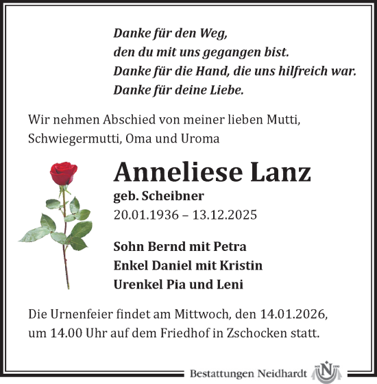 Todesanzeige von Anneliese Lanz von Zwickau