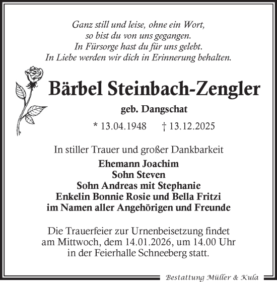 Todesanzeige von Bärbel Steinbach-Zengler von Aue