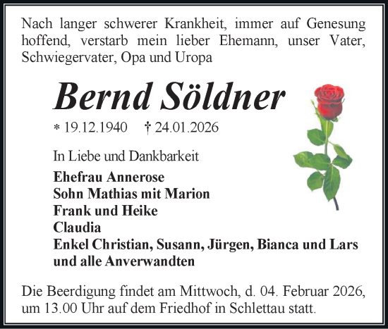 Todesanzeige von Bernd Söldner von Annaberg