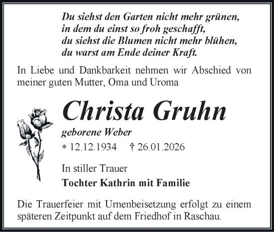 Todesanzeige von Christa Gruhn von Schwarzenberg
