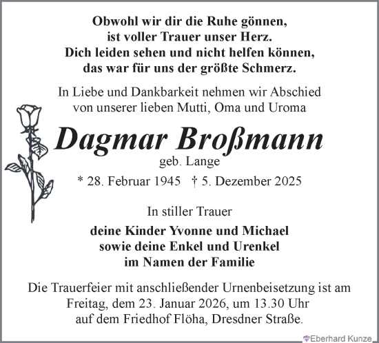Todesanzeige von Dagmar Broßmann von Flöha