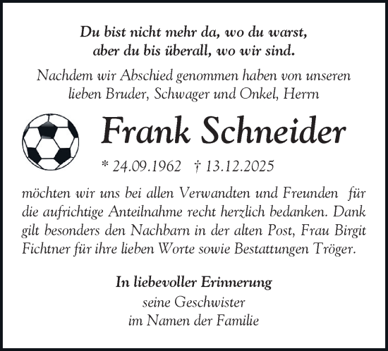 Todesanzeige von Frank Schneider von Stollberg