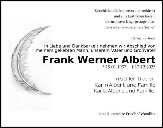 Todesanzeige von Frank Werner Albert von Plauen