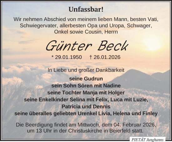 Todesanzeige von Günter Beck von Schwarzenberg
