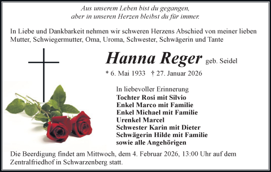 Todesanzeige von Hanna Reger von Schwarzenberg