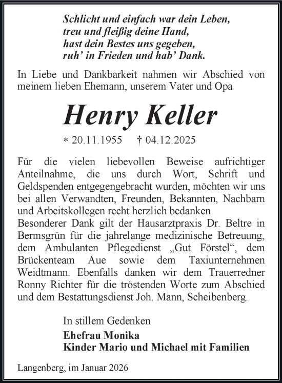 Todesanzeige von Henry Keller von Schwarzenberg