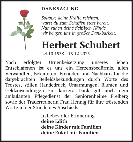 Todesanzeige von Herbert Schubert von Freiberg / Brand Erbisdorf